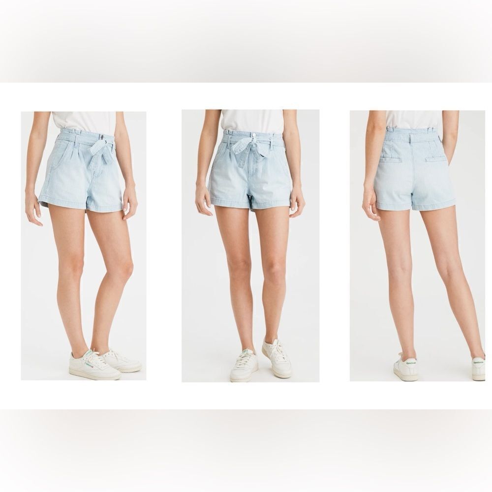 American Eagle Light Blue Striped High Waist Denim Mom Shorts